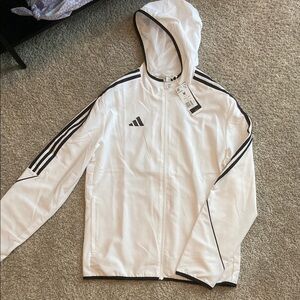 Adidas White Hooded Jacket with Black Stripes